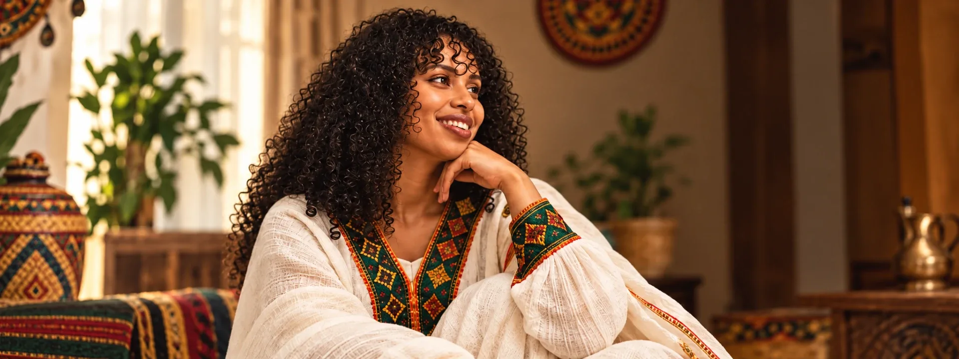 Kvinne i hvit habesha-kjole med vevd tibeb-bord.